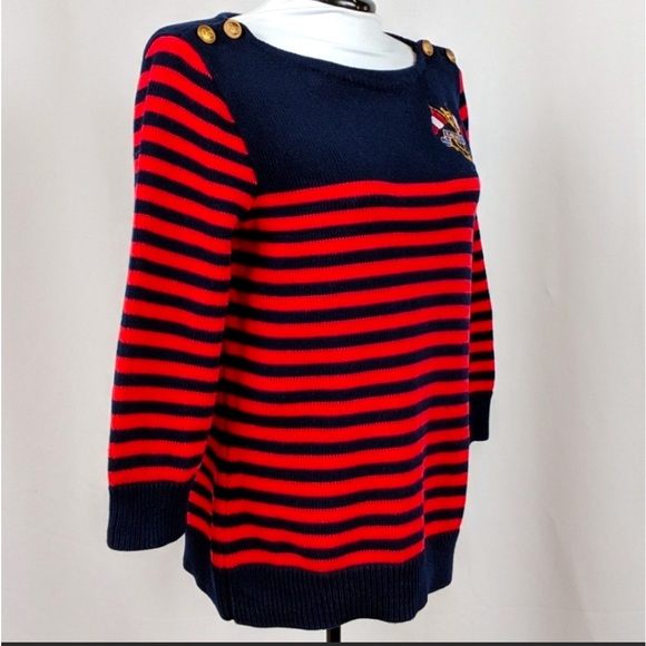 RALPH LAUREN Nautical Embroidered Flag Crest Sweater Red & Blue Striped XL NWOT! - Picture 6 of 10
